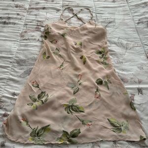 Obey beige floral Y2K spaghetti straps slip dress, size M criss cross back boho